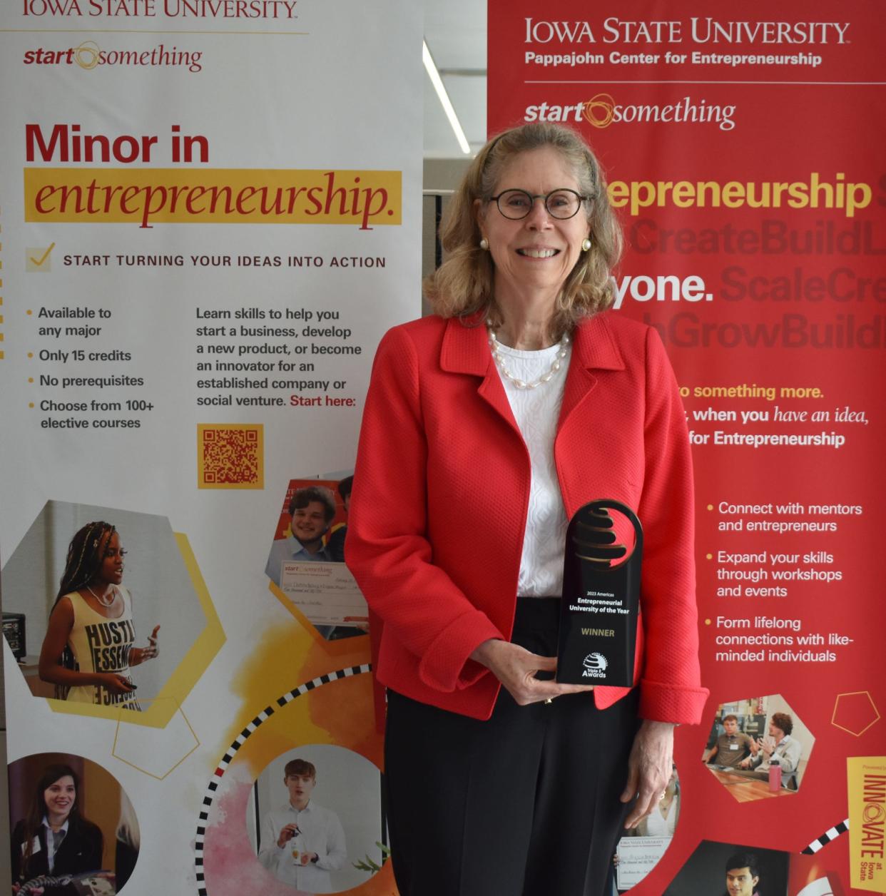 Wendy Wintersteen, Iowa State University president, holds the award ISU received in June for Entrepreneurial University of the Year for the Americas. The competition involved 33 countries.