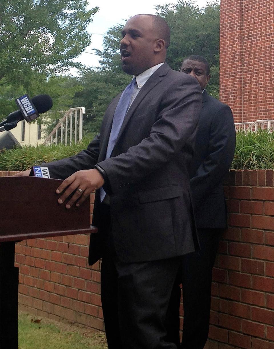 Lowndes County District Attorney Scott Colom speaks at a news conference in 2016, in Columbus, Miss. In April 2023, Colom sent a letter to Republican U.S. Sen. Cindy Hyde-Smith asking her to reconsider her opposition to his nomination as a federal district judge.
