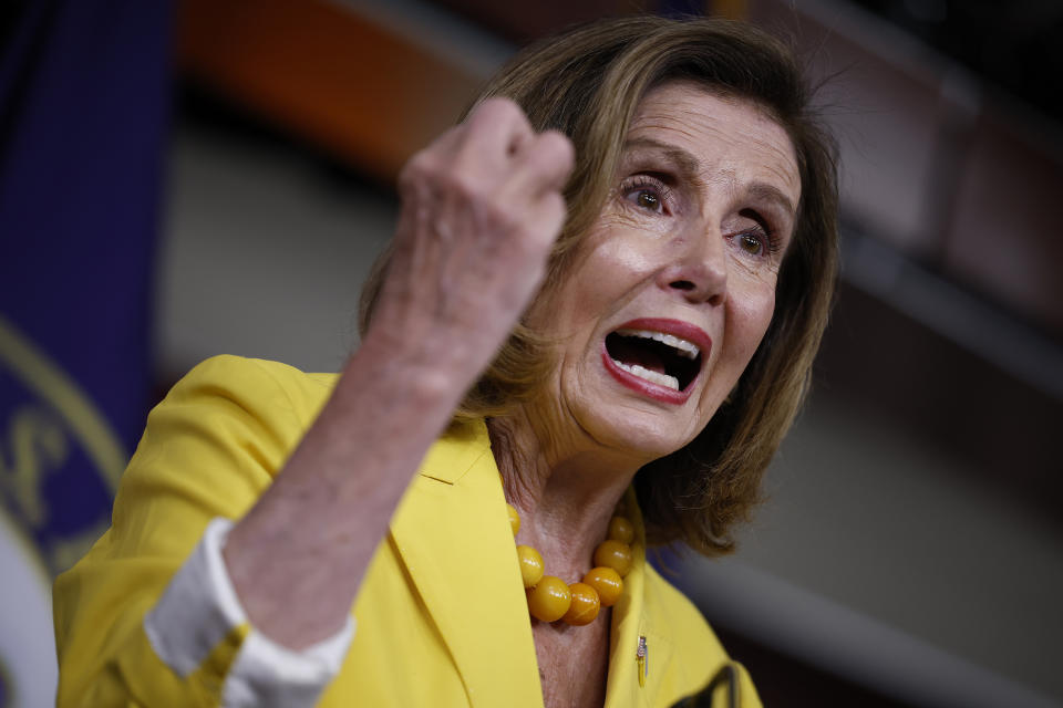 WASHINGTON, DC - AUGUST 12: Speaker of the House Nancy Pelosi (D-CA) talks to reporters during her weekly news conference ahead of the vote on the Inflation Reduction Act of 2022 at the U.S. Capitol on August 12, 2022 in Washington, DC. Despite not achieving everything the House Democrats wanted, the $737 billion act will focus on slowing climate change, lower health care costs and creating clean energy jobs by enacting a 15% corporate minimum tax, a 1% fee on stock buybacks and enhancing IRS enforcement. (Photo by Chip Somodevilla/Getty Images)