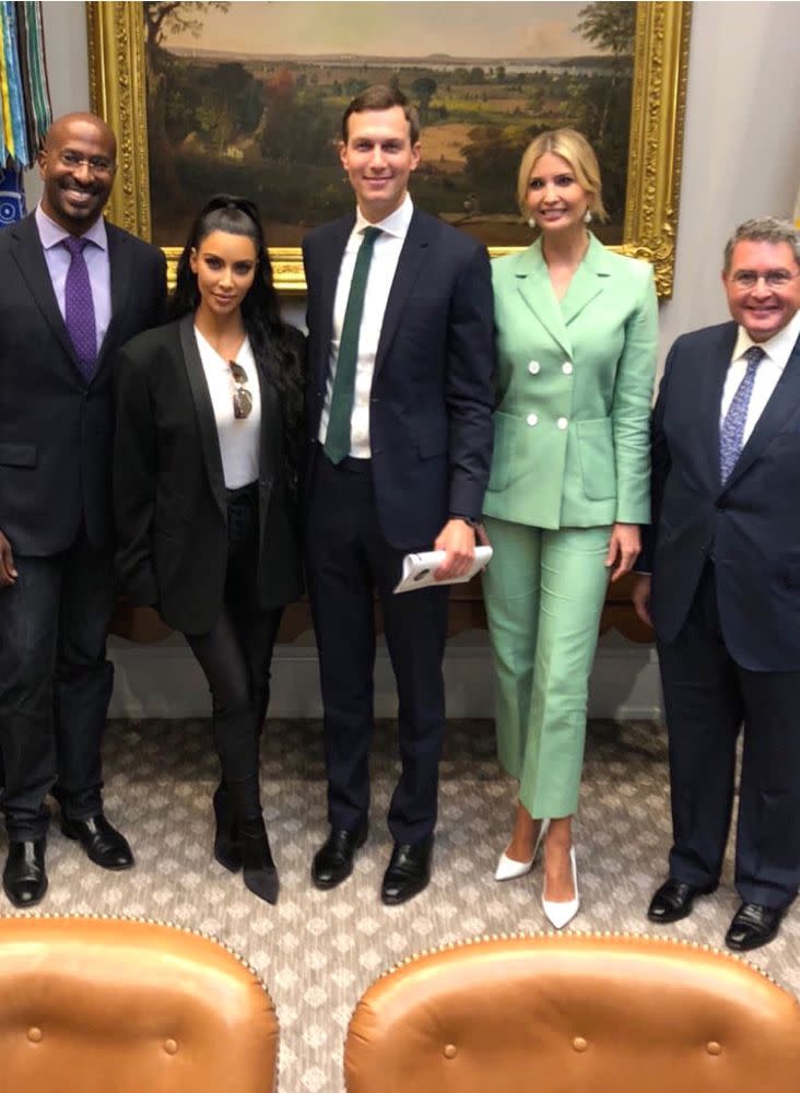 Kim Kardashian (second from left) with Van Jones (far left), Jared Kushner (middle) and Ivanka Trump (second from right)