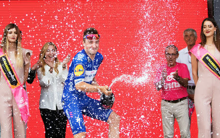 Cycling – the 101st Giro d'Italia cycling race – The 167-km Stage 2 from Haifa to Tel Aviv, Israel - May 5, 2018 - Team Quick-Step rider Elia Viviani of Italy celebrates winning the 2nd stage in Tel Aviv, Israel. REUTERS/Nir Keidar