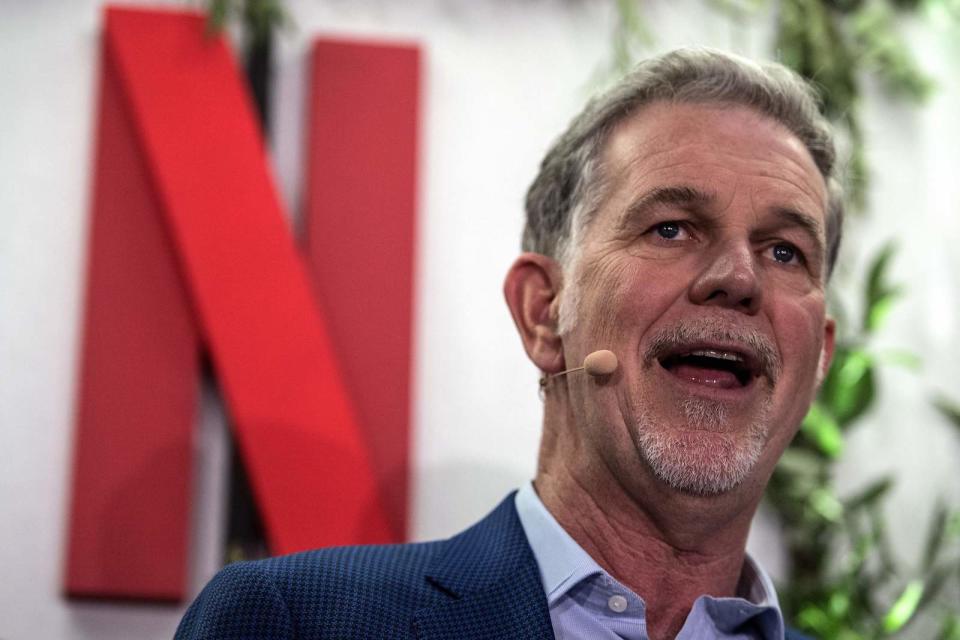 Co-founder and director of Netflix Reed Hastings delivers a speech as he inaugurates the new offices of Netflix France, in Paris on January 17, 2020. - Hastings announced some 20 French projects by Netflix on January 17, 2020. (Photo by Christophe ARCHAMBAULT / AFP) (Photo by CHRISTOPHE ARCHAMBAULT/AFP via Getty Images)
