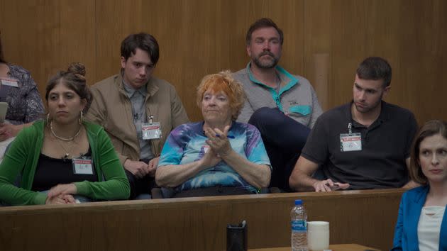 Ronald, far right, is tasked with keeping Barbara, to his left, awake during the trial.