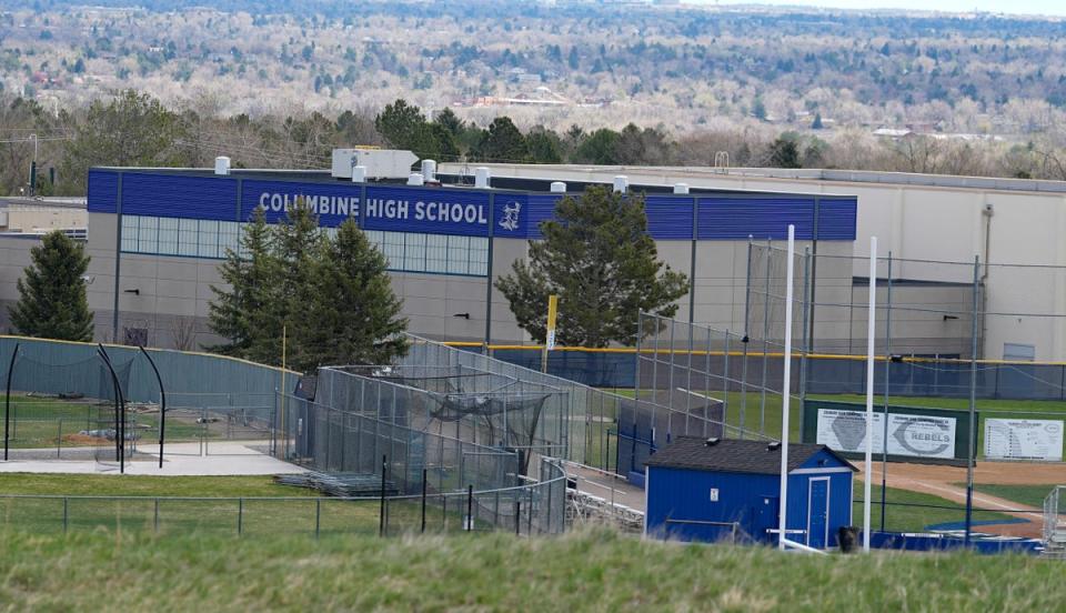 A view of Columbine High School from Rebel Hill at the Columbine Memorial, taken days before the 25th anniversary of the fatal attack (Copyright 2024 The Associated Press. All rights reserved.)