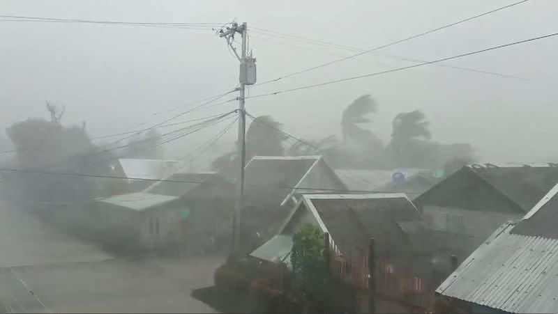 Trees sway near buildings as Typhoon Kammuri, known locally as Typhoon Tisoy, makes landfall in Gamay