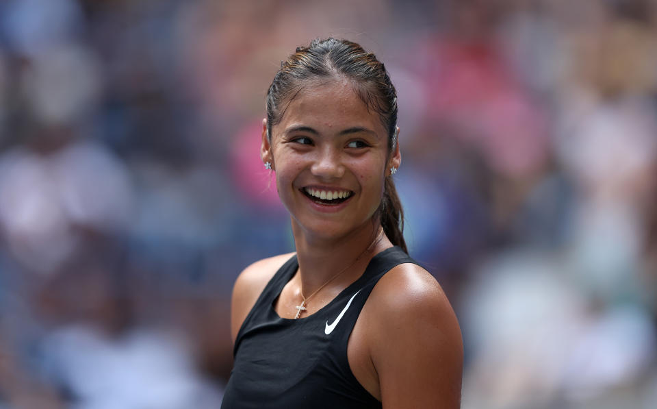 NEW YORK, NEW YORK - AUGUST 27:  Emma Raducanu of Great Britain looks on in a practice session during previews for the 2022 US Open tennis at USTA Billie Jean King National Tennis Center on August 27, 2022 in the Flushing neighborhood of the Queens borough of New York City. (Photo by Julian Finney/Getty Images)