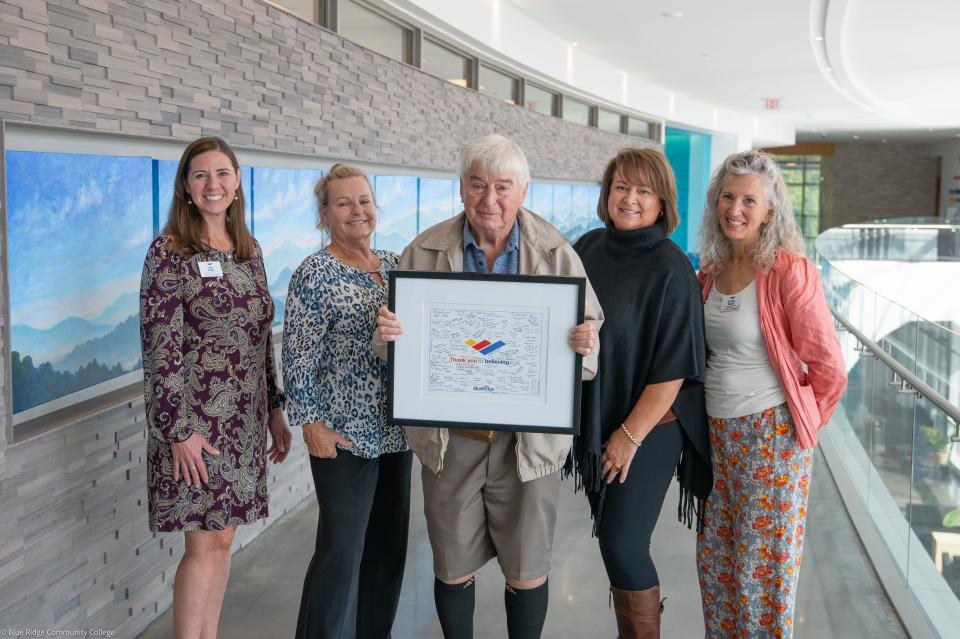 The Young family stands with healthcare leaders at Blue Ridge Community College’s Health Sciences Center. From left to right are Leigh Angel (Dean of health sciences), Kim Young, Paul Young, Judith Fender and Dr. Amy Szoka, director of nursing.