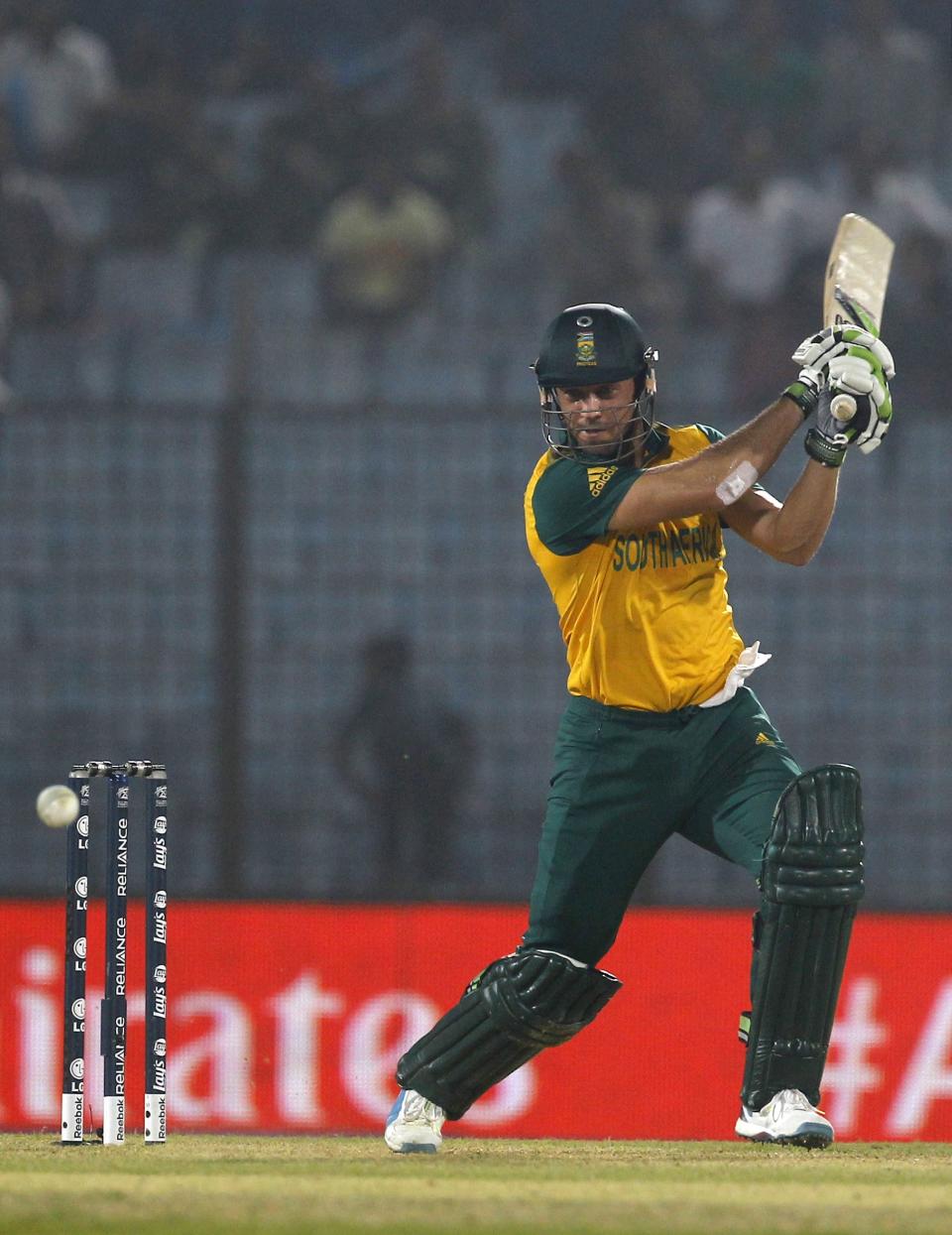 South Africa's AB de Villiers plays a shot during their ICC Twenty20 Cricket World Cup match against England in Chittagong, Bangladesh, Saturday, March 29, 2014. (AP Photo/A.M. Ahad)