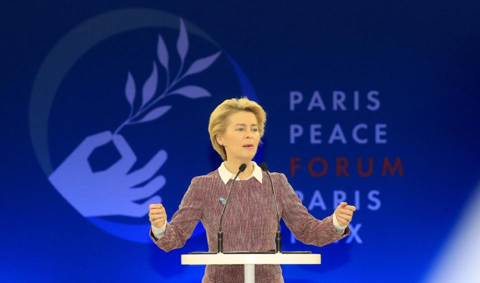 European Commission president Ursula von der Leyen delivers her speech at the start of the Paris Peace Forum Tuesday, Nov. 12, 2019 in Paris. (AP Photo/Michel Euler, Pool)