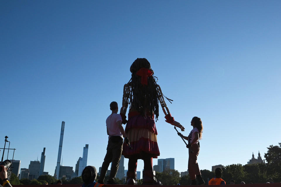 Little Amal onstage at the 2022 Global Citizen Festival at Central Park in New York City on Sept. 24, 2022