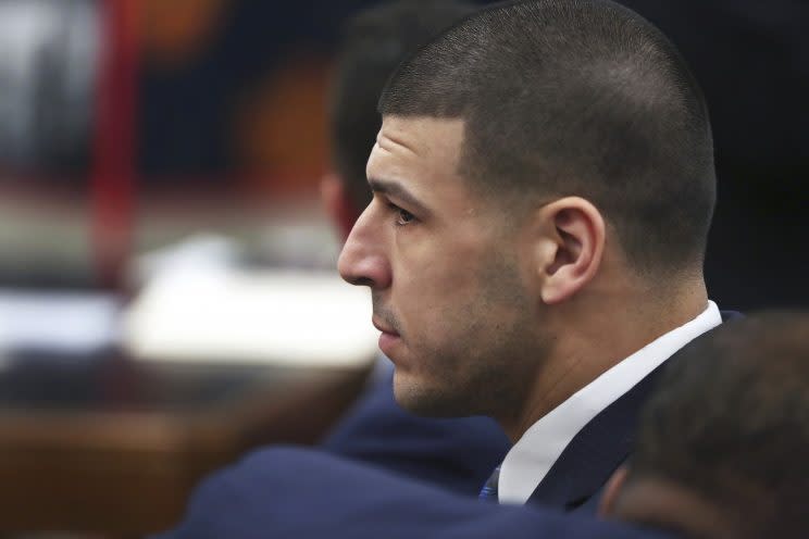 Aaron Hernandez, pictured in court on Feb. 14 as jury selection began in his double murder trial. (AP)