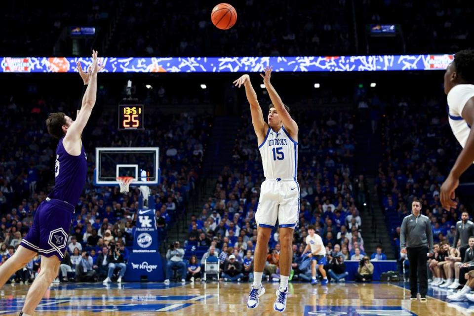 Kentucky guard Reed Sheppard (15) shoots the ball against Stonehill during Friday’s game at Rupp Arena.