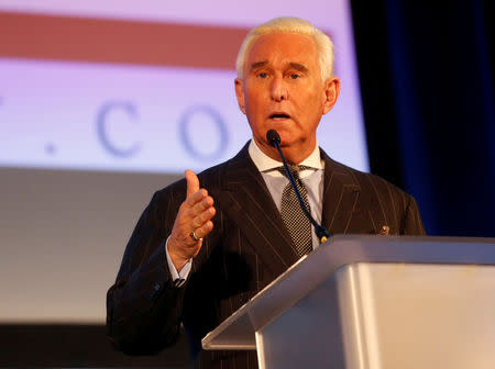 FILE PHOTO: Political operative Roger Stone, a long-time ally of U.S. President Donald Trump, speaks at the American Priority conference in Washington D.C., U.S., December 6, 2018. REUTERS/Jim Urquhart/File Photo