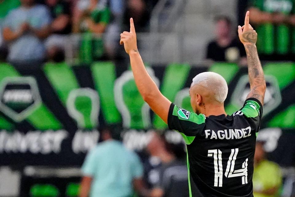 Austin FC forward Diego Fagúndez celebrates after scoring a goal against the Houston Dynamo at Q2 Stadium on Tuesday.