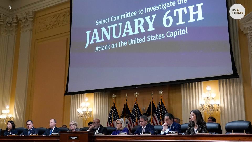 The House select committee investigating the Jan. 6 attack on the U.S. Capitol holds its final meeting on Capitol Hill in Washington, Monday, Dec. 19, 2022. From left to right, Rep. Stephanie Murphy, D-Fla., Rep. Pete Aguilar, D-Calif., Rep. Adam Schiff, D-Calif., Rep. Zoe Lofgren, D-Calif., Chairman Bennie Thompson, D-Miss., Vice Chair Liz Cheney, R-Wyo., Rep. Adam Kinzinger, R-Ill., Rep. Jamie Raskin, D-Md., and Rep. Elaine Luria, D-Va. (AP Photo/J. Scott Applewhite)