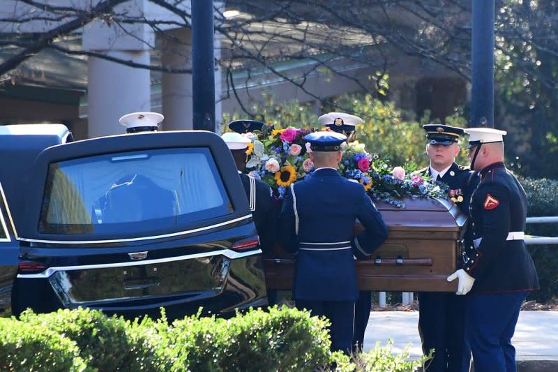 The casket with the remains of former first lady Rosalynn Carter arrives at the Jimmy Carter Presidential Library and Museum in Atlanta on Monday. Carter will be memorialized at services through Wednesday. Photo by Scott Cunningham/UPI