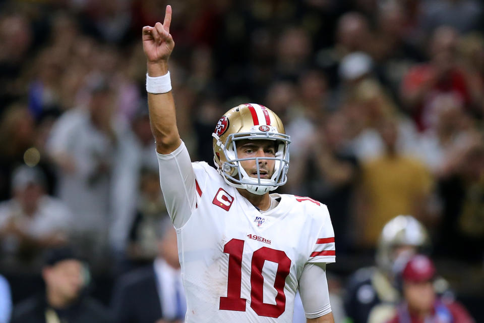 Jimmy Garoppolo and the 49ers battled to the last second and emerged victorious against the Saints. (Photo by Jonathan Bachman/Getty Images)