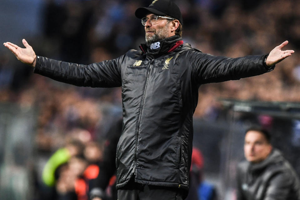 Liverpool's German coach Jurgen Klopp gestures during the UEFA Champions League quarter-final second leg football match between FC Porto and Liverpool at the Dragao stadium in Porto on April 17, 2019. (Photo by PATRICIA DE MELO MOREIRA / AFP)        (Photo credit should read PATRICIA DE MELO MOREIRA/AFP/Getty Images)