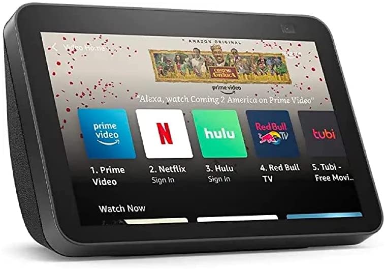 gray amazon echo show 8 with display screen showing streaming apps