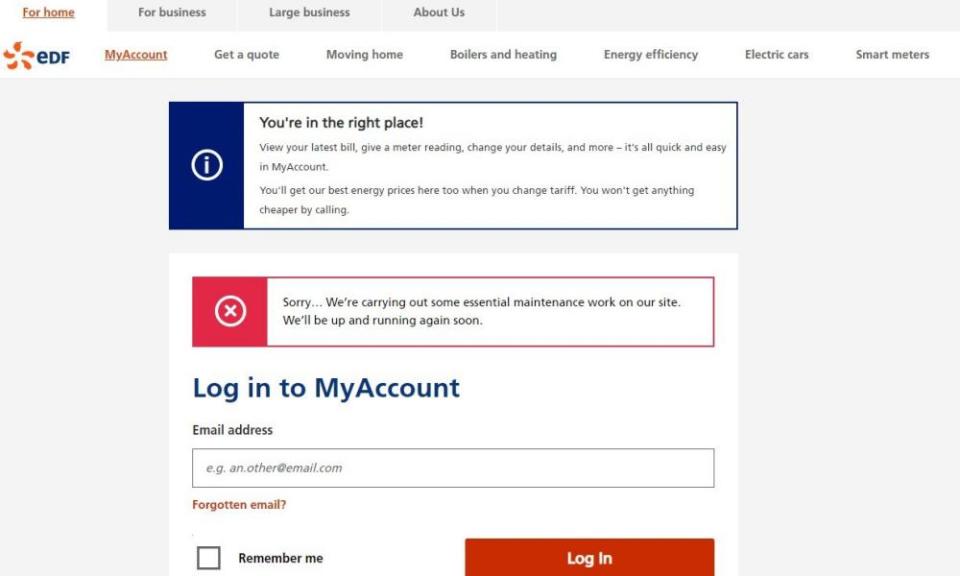 Screengrab of the affected EDF website.