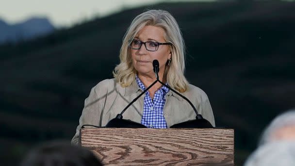 PHOTO: Rep. Liz Cheney speaks, Aug. 16, 2022, at a primary Election Day gathering at Mead Ranch in Jackson, Wyo. (Jae C. Hong/AP)