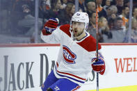 Montreal Canadiens' Tomas Tatar celebrates after scoring a goal during the first period of an NHL hockey game against the Philadelphia Flyers, Thursday, Jan. 16, 2020, in Philadelphia. (AP Photo/Matt Slocum)