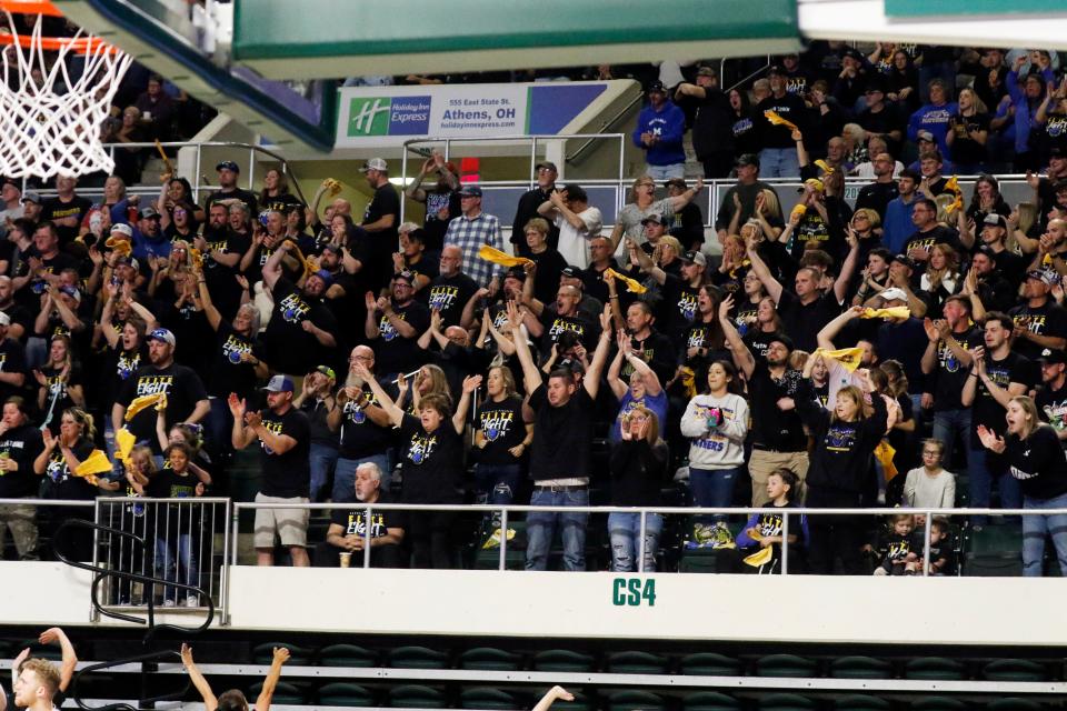 Maysville's crowd cheers after a 3-pointer during a 72-64 win against Vincent Warren during a Division II regional final on Saturday at the Ohio Convocation Center in Athens.