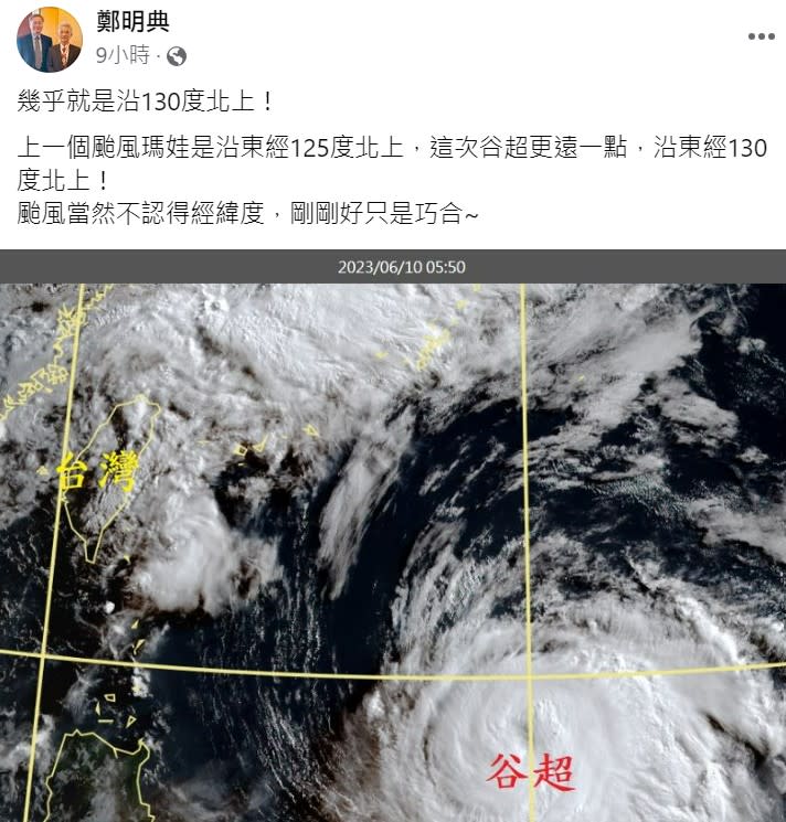 鄭明典今日發現谷超轉彎的角度和上一個瑪娃颱風很接近。   圖：取自鄭明典臉書