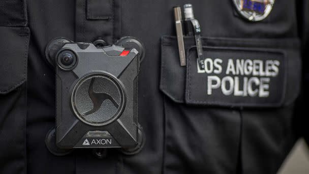 PHOTO: A Feb. 18, 2017, file photo, a police officer wear an AXON body camera during a protest in Los Angeles. (David McNew/Getty Images, FILE)