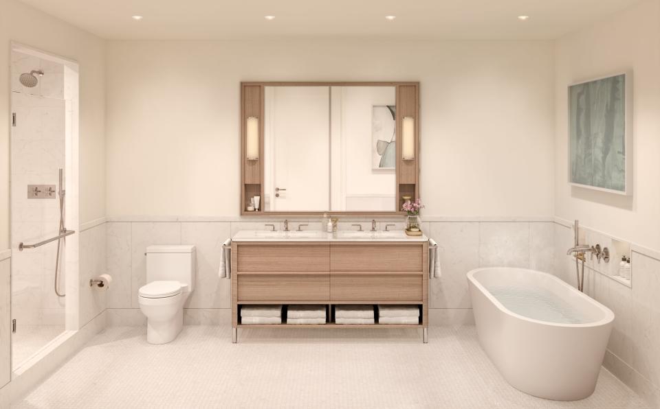 A rendering of a bathroom at the still-under-construction at The Daymark. The property, already 25% sold, is the first waterfront property in Sleepy Hollow.