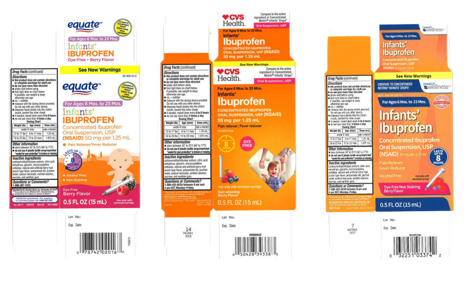 The three lots of recalled infant ibuprofen are sold under the brands Equate, CVS and Family Wellness. (Photos: Courtesy of Tris Pharma)