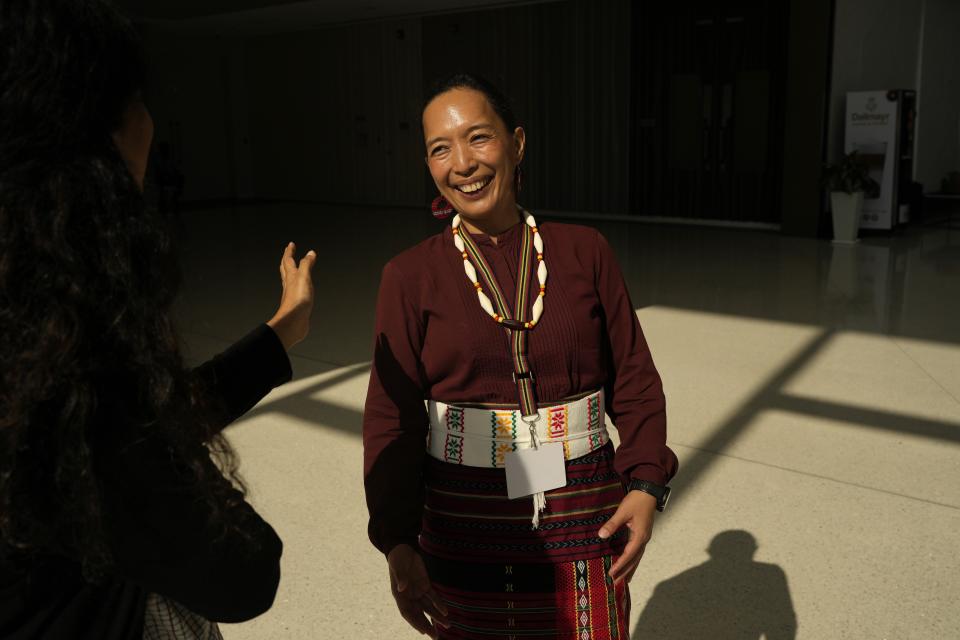 Jennifer Tauli Corpuz, of Solomon Islands, speaks during an interview with The Associated Press at the COP28 U.N. Climate Summit, Saturday, Dec. 9, 2023, in Dubai, United Arab Emirates. (AP Photo/Rafiq Maqbool)