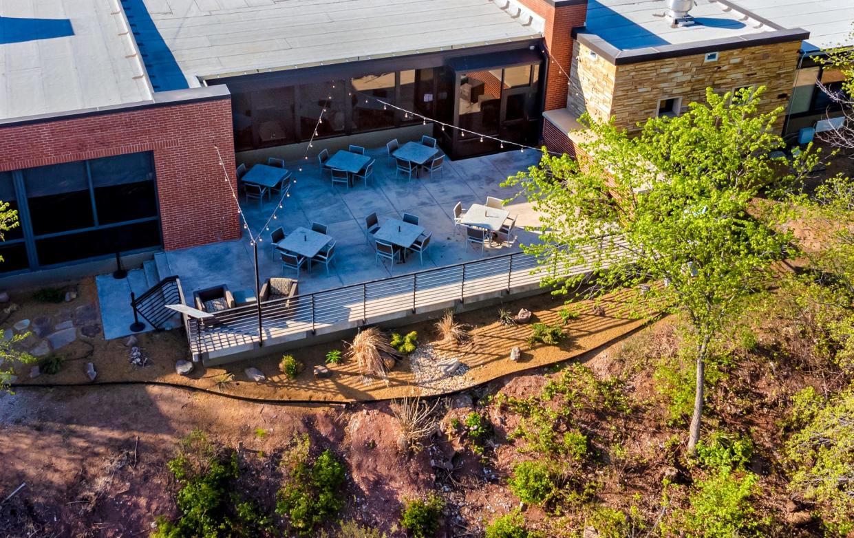 The patio of the closed Foggy Bottom Kitchen restaurant is pictured April 26 at Roman Nose State Park in Watonga.