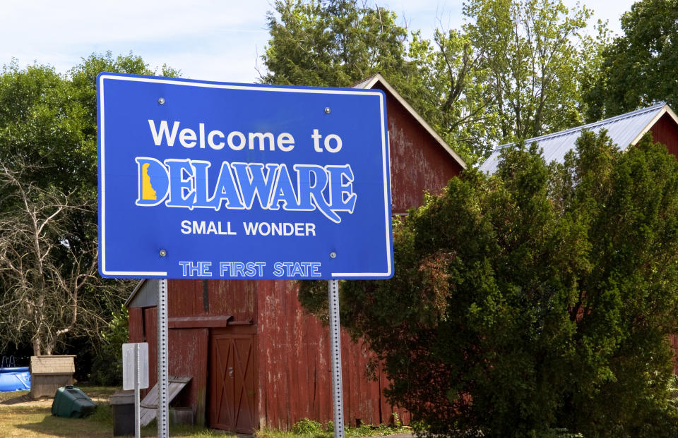 Welcome To Delaware Sign, First State In Us History And First To Ratify Us Constitution In 1787. (Photo by Education Images/Universal Images Group via Getty Images)