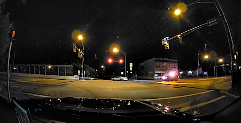 In a still image a video released Monday, a Cuyahoga Falls police cruiser dash camera shows Akron police chasing Jayland Walker onto the Route 8 southbound ramp at Tallmadge Avenue. State investigators said Walker fired one shot from his car moments later. He was shot and killed by Akron police a short time later on June 27, 2022.
