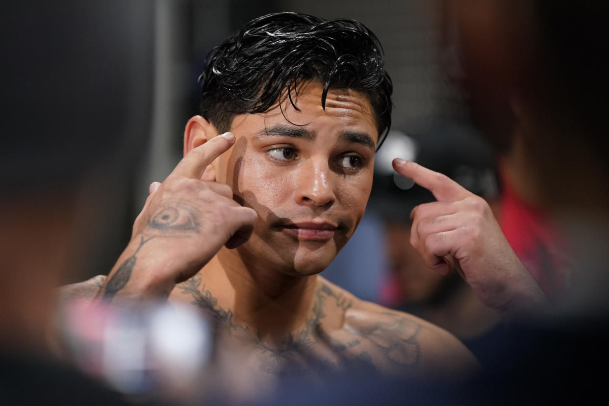 DALLAS, TEXAS - APRIL 09: Ryan Garcia speaks to reporters during a media workout at World Class Boxing Gym on April 09, 2024 in Dallas, Texas. (Photo by Sam Hodde/Getty Images)