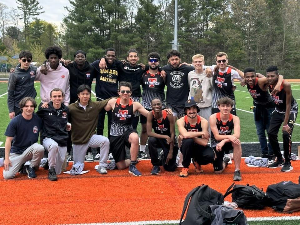 The 2023 Taunton High School Boys Spring Track seniors pose at their final home meet.