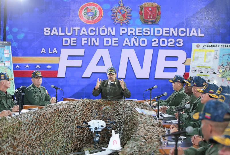 Venezuela's President Nicolas Maduro addresses military staff during a meeting in Caracas