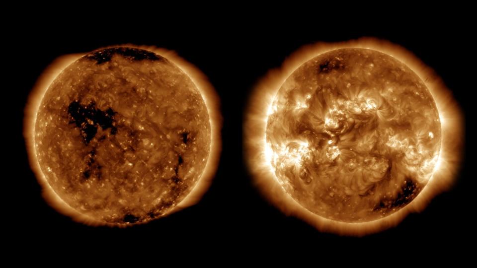 Wie in diesen UV-Aufnahmen zu sehen ist, zeigt sich die Atmosphäre der Sonne im Aktivitätsminimum (links, Oktober 2019) von ihrer eintönigen Seite, im Aktivitätsmaximum (rechts, April 2014) als wahres Feuerwerk.