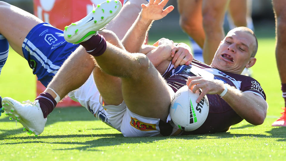 Tom Trbojevic, pictured here scoring his controversial try against the Bulldogs.