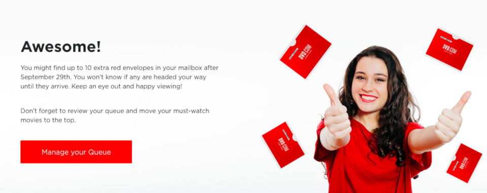 A woman giving the thumbs up, as Netflix envelopes rain down.