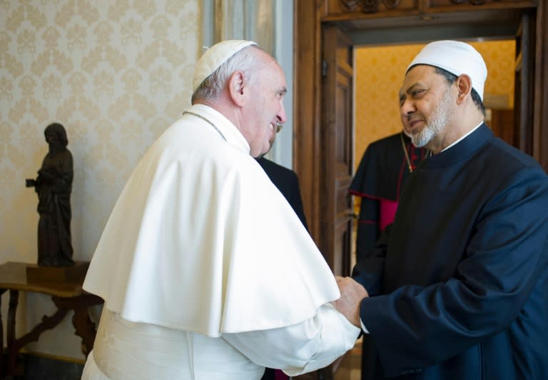 Pope Francis welcomes Egyptian Grand Imam of al-Azhar Mosque Sheikh Ahmed Mohamed al-Tayeb, during a private audience at the Vatican