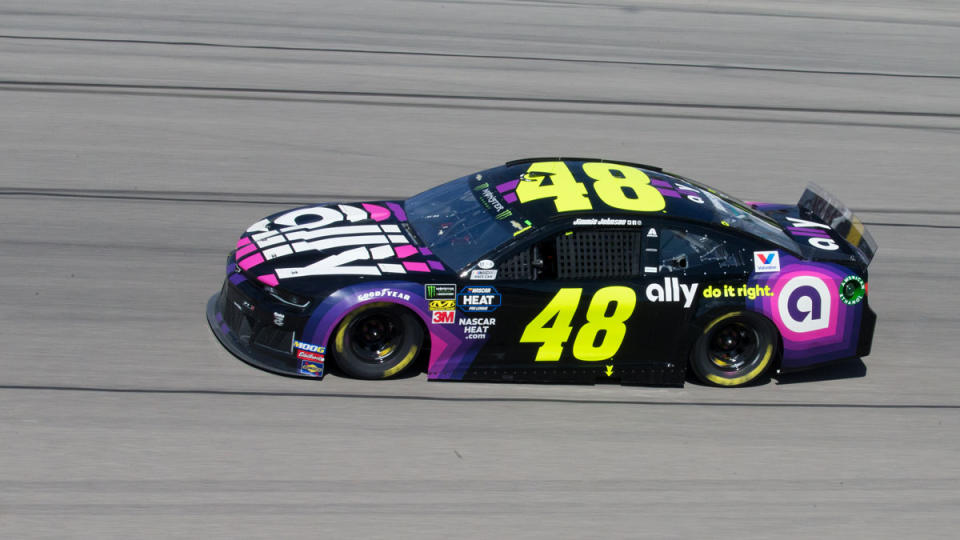 Racer Jimmie Johnson competes in Rick Hendrick's Chevrolet Camaro ZL1 at the 2019 Pennzoil 400 Monster Energy NASCAR Cup Series race in Las Vegas.