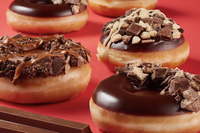<p>Krispy Kreme</p> Krispy Kreme launched its Kit Kat Collection with three flavors: the Kit Kat Salted Caramel Brownie Doughtnut, the Kit Kat Cookie Dream Doughnut, and the Kit Kat Crunch Doughnut.