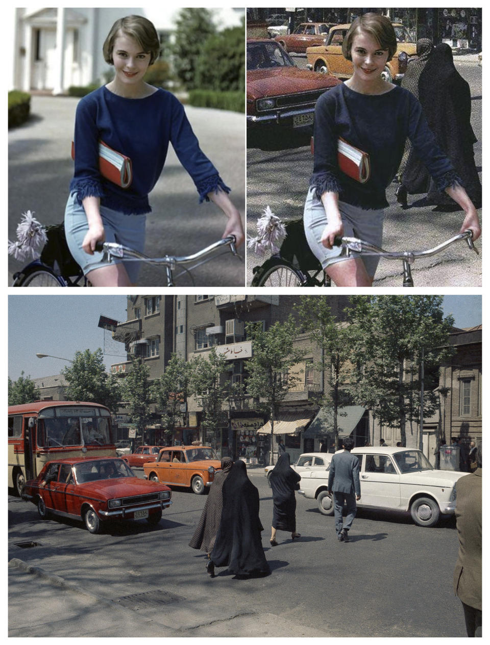 This combination of images shows actress Jean Seberg photographed by Willy Rizzo in the Hollywood area of Los Angeles in 1959, top left, and a street scene in Tehran, Iran, taken by Roy Essoyan for The Associated Press in 1970, bottom. The image at right, which has been circulating online, overlays the first photo on top of the second, to falsely appear as if Seberg was in Iran pre-1979. (Willy Rizzo, left, Roy Essoyan, bottom, via AP)