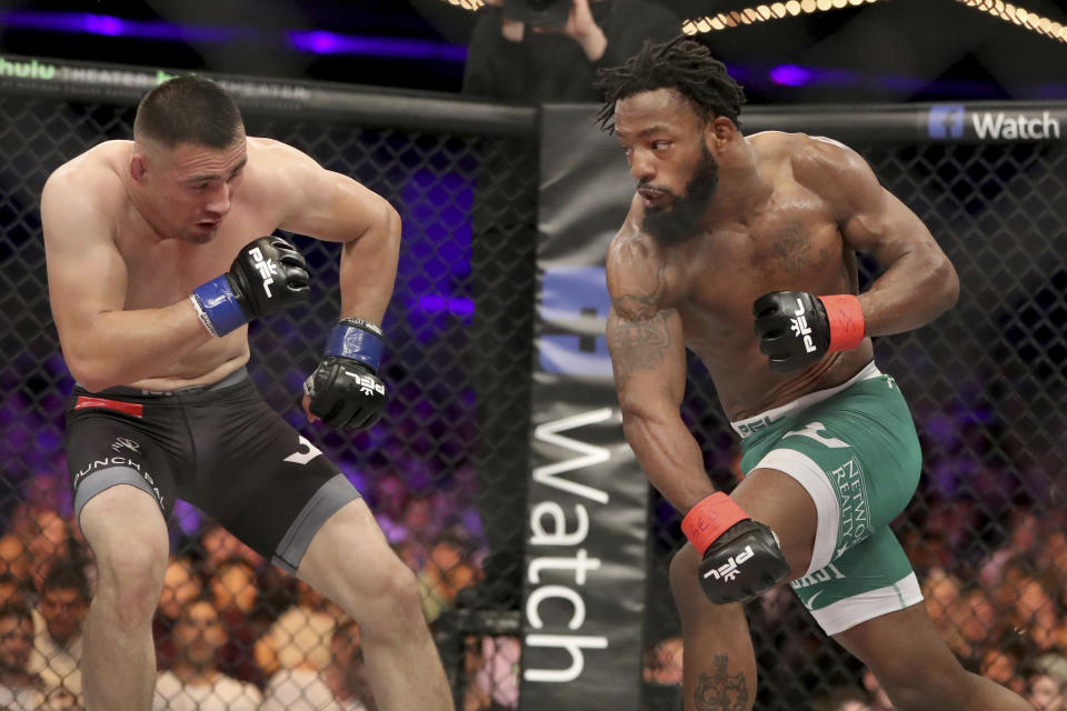 Andre Harrison (R) in action against Juma Tuerxun during their mixed martial arts bout at PFL 1 on June 7, 2018, at Madison Square Garden. Harrison won via unanimous decision. (AP)