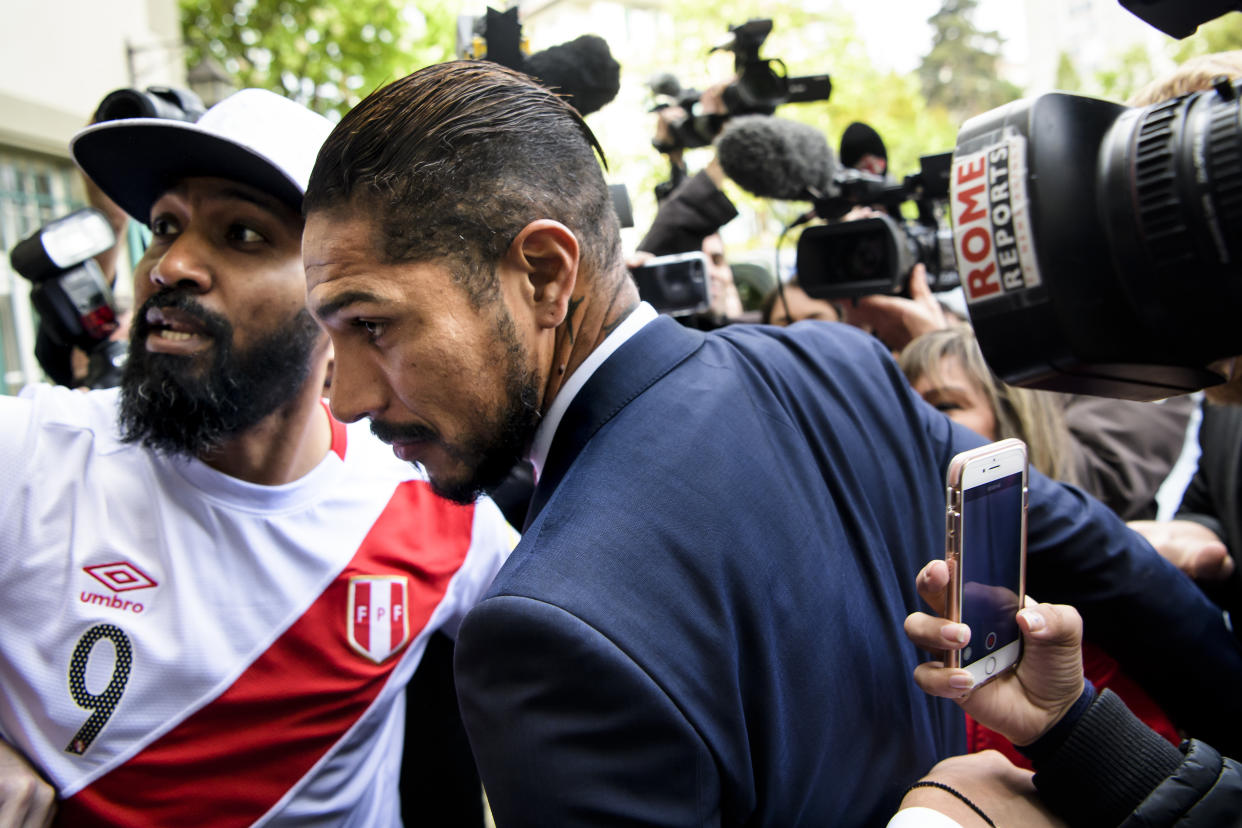 Peru captain Paolo Guerrero at an appeal hearing in early May. (AP)