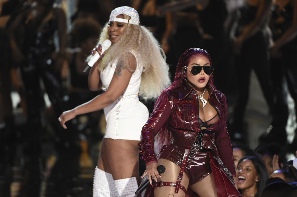 Lifetime achievement award winner Mary J. Blige, left, performs a medley with Lil Kim at the BET Awards on Sunday, June 23, 2019, at the Microsoft Theater in Los Angeles. (Photo by Chris Pizzello/Invision/AP)