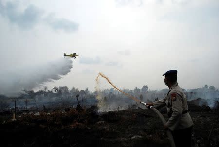 A water bomber drops its payload as a police officer tries to extinguish a peat fire in Kampar, Riau province, Sumatra, Indonesia August 29, 2016 in this photo taken by Antara Foto. Antara Foto/Rony Muharrman/via REUTERS