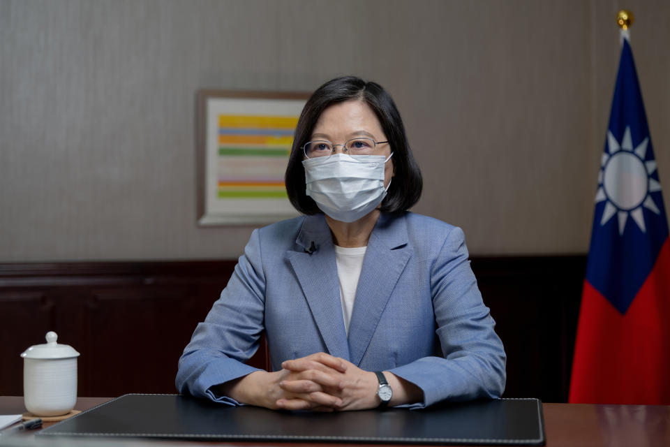 In this photo released by the Taiwan Presidential Office, Taiwan's President Tsai Ing-wen speaks at the presidential office in Taipei, Taiwan, Sunday, June 20, 2021. The U.S. sent 2.5 million doses of the Moderna COVID-19 vaccine to Taiwan on Sunday, tripling an earlier pledge in a donation with both public health and geopolitical meaning. (Taiwan Presidential Office via AP)